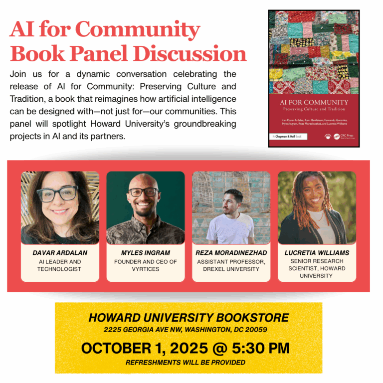 ai for community book panel flyer information with headshots of each of the panelists and cover of the book